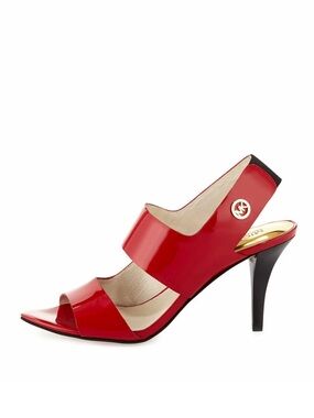 Michael Kors Red Patent Leather Open-Toe Slingback Heel with Gold MK Accent